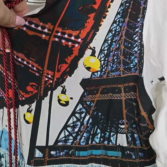 Pith Wanderlust Paris Eiffel Tower Blouse White Printed Top Unique Artistic Fun - Picture 8 of 13